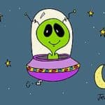 Cartoon alien in a UFO