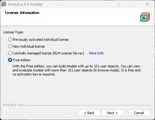 Screenshot of installer License Info pane where you should select Free edition.